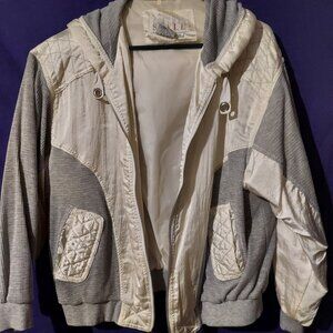 grey vintage colorblock quilted zip up windbreaker bomber jacket with hoodie